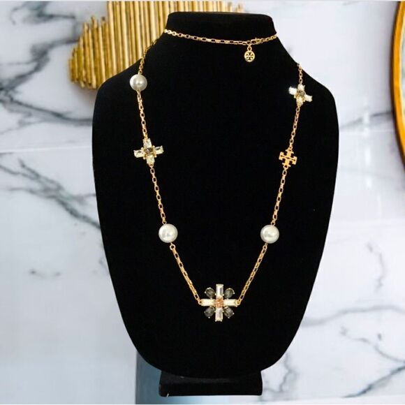 TORY BURCH STATEMENT PEARLS AND NATURAL SMOKY QUARTZ CRYSTALS NECKLACE - Picture 3 of 7